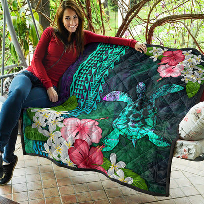 Hawaii Premium Quilt Sea Turtle Abstract Background With Tropical Flowers Hibiscus And Plumeria