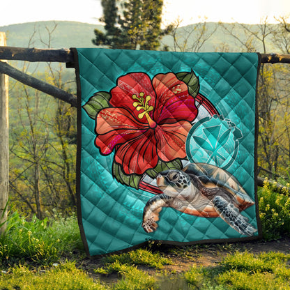 Hawaii Premium Quilt Hawaiian Map Turtle Hibiscus Flowers Polynesian Patterns Style
