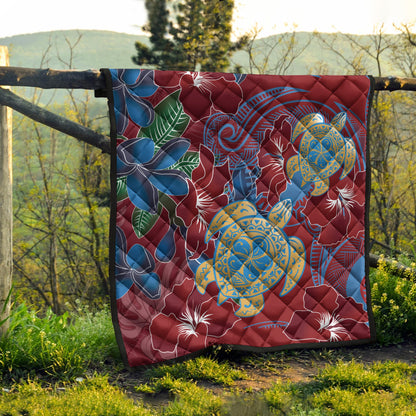 Hawaii Premium Quilt Polynesian Cultures Turtle Couple Tropical Flowers Red Color