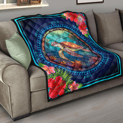 Hawaii Premium Quilt Polynesian Patterns Turtle Mascot WaterColor Style