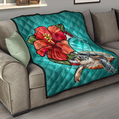 Hawaii Premium Quilt Hawaiian Map Turtle Hibiscus Flowers Polynesian Patterns Style
