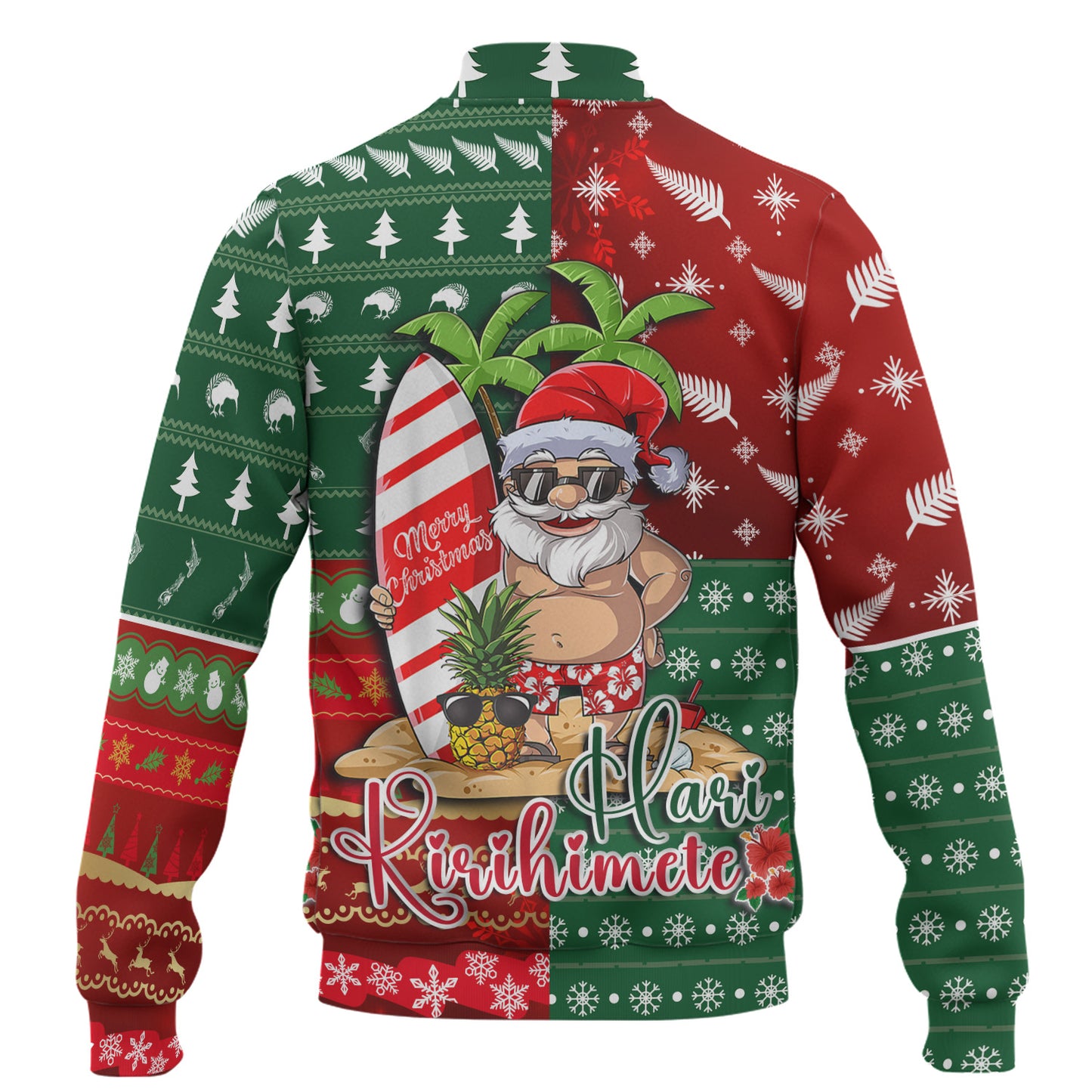 New Zealand Baseball Jacket Maori Hari Kirihimete Tropical Xmas Patterns