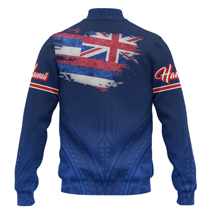 Hawaii Baseball Jacket Hawaii Flag Blue Color Polynesian Patterns Grunge Style