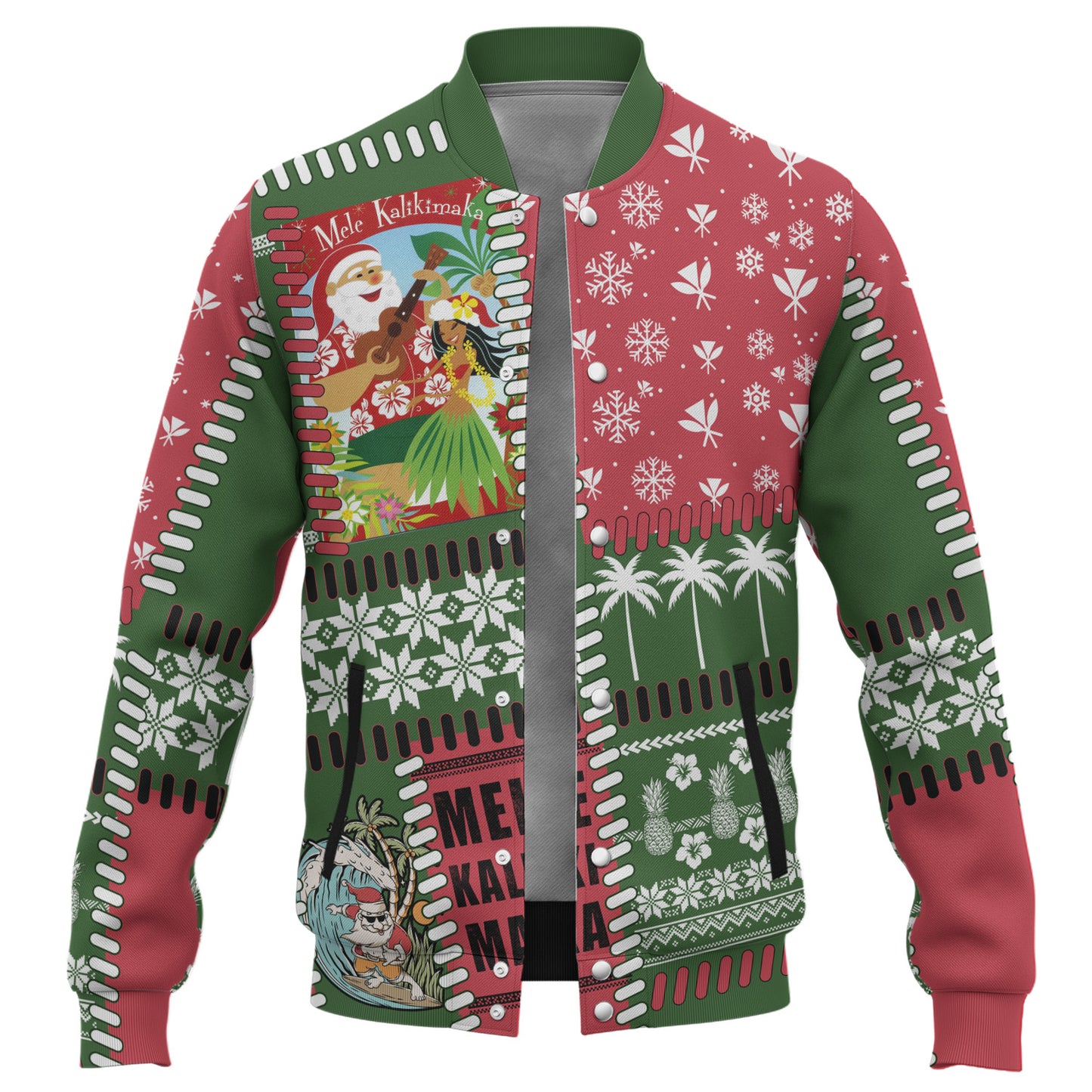 Hawaii Baseball Jacket Santa Surfing Mele Kalikimaka Kanaka Maoli