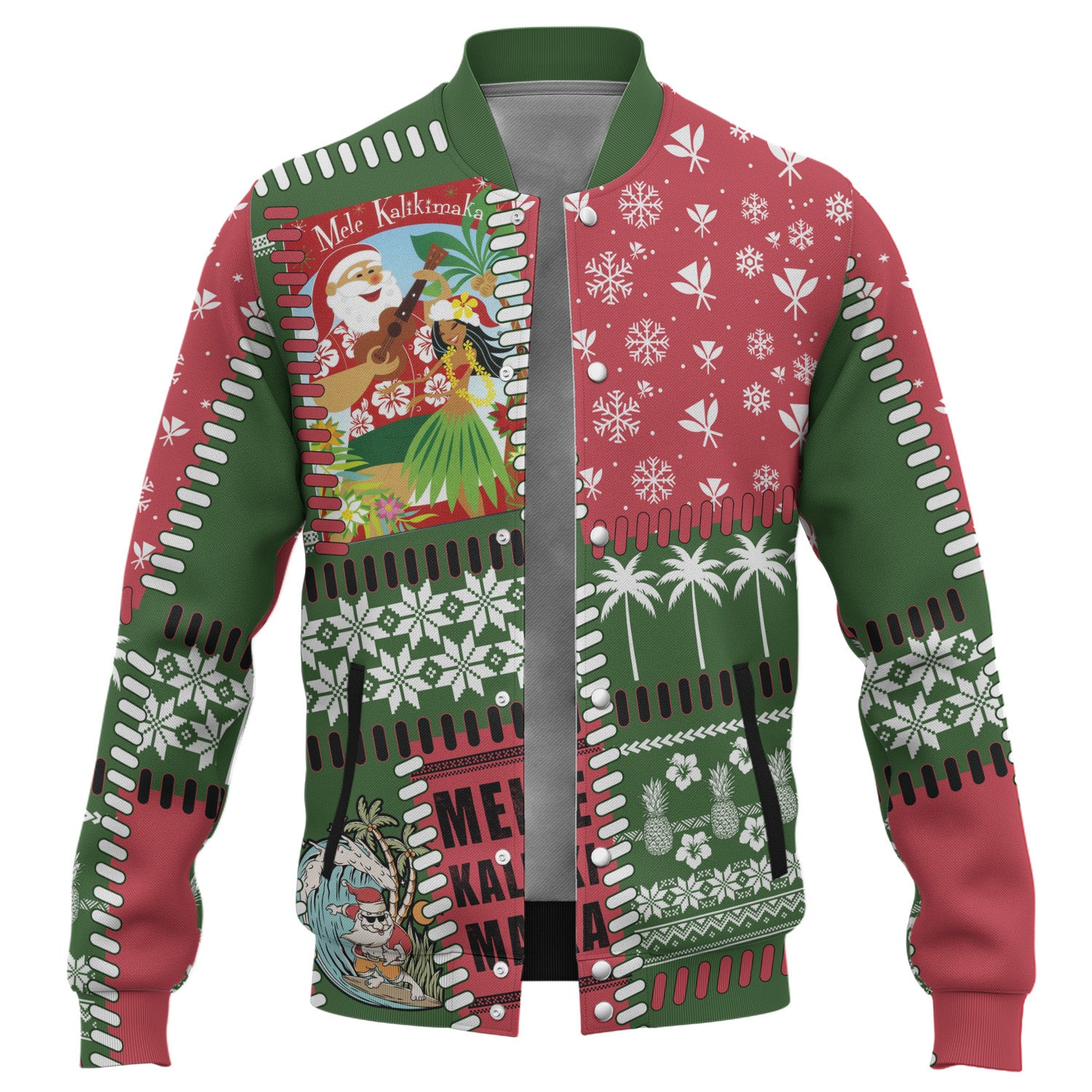 Hawaii Baseball Jacket Santa Surfing Mele Kalikimaka Kanaka Maoli