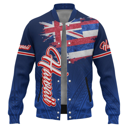 Hawaii Baseball Jacket Hawaii Flag Blue Color Polynesian Patterns Grunge Style