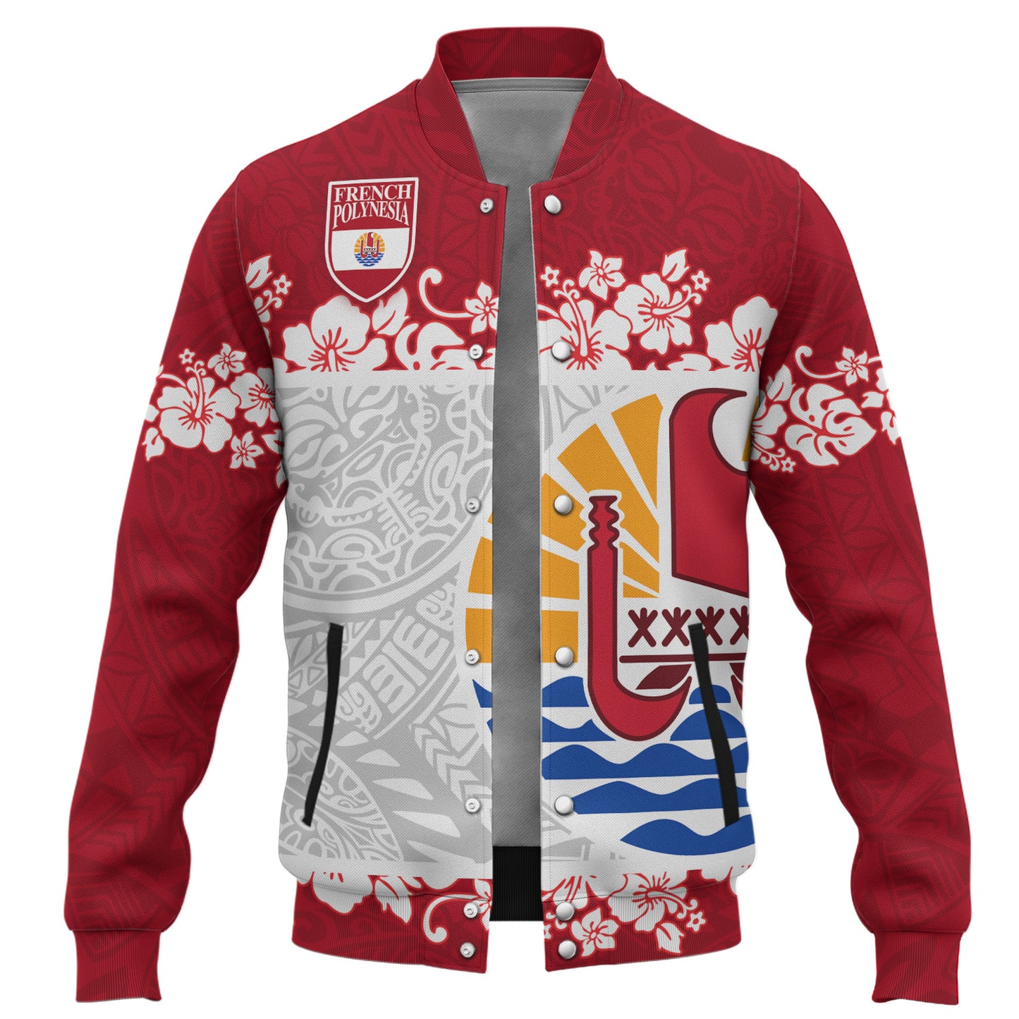 French Polynesia Baseball Jacket Seal With Plumeria Flowers Polynesia Patterns