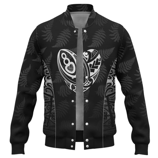 New Zealand Personalized Baseball Jacket Rugby Heart Maori Style Silver Fern