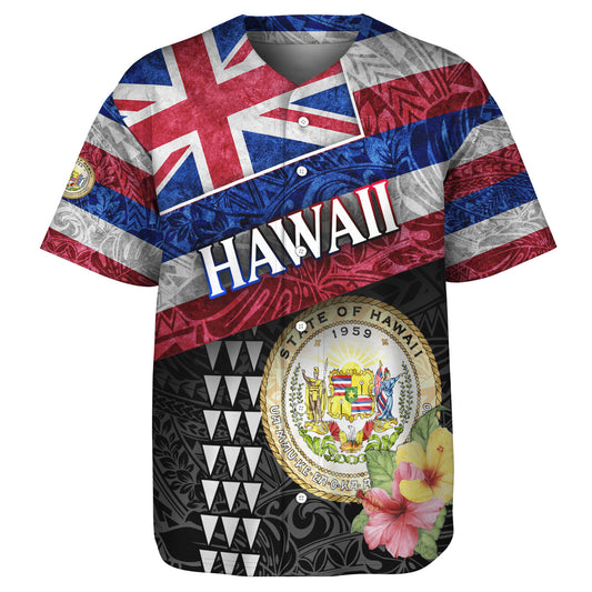 Hawaii Baseball Shirt Hawaiian Flag Polynesian Tribal Hibiscus Style