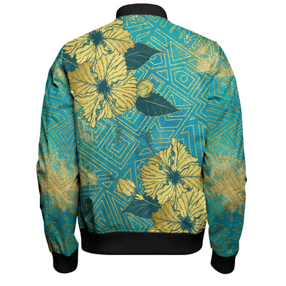 Hawaii Bomber Jacket Golden Hibiscus Turquoise Color Tribal Pattern
