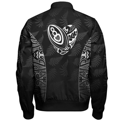 New Zealand Personalized Bomber Jacket Rugby Heart Maori Style Silver Fern