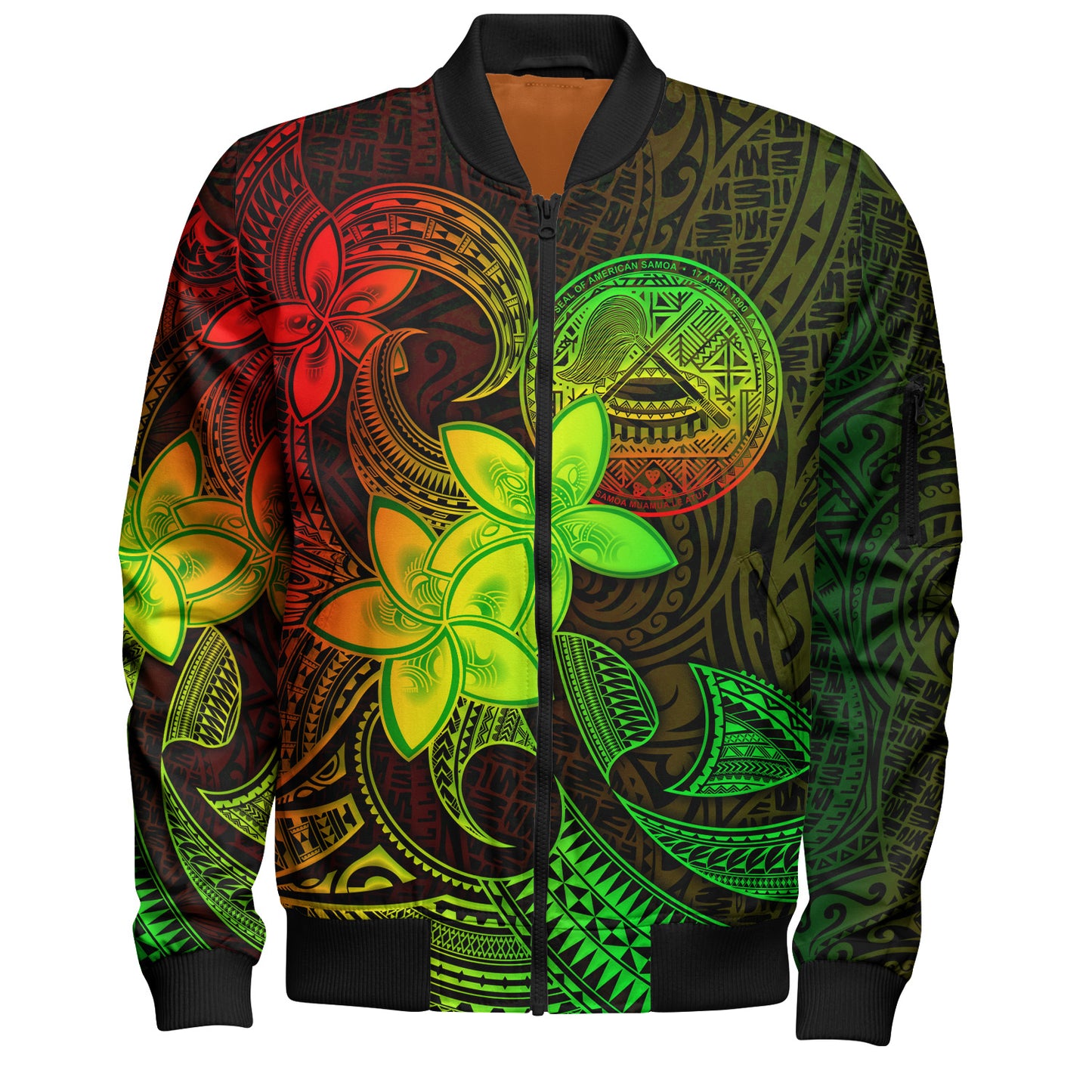 American Samoa Bomber Jacket Plumeria Flowers Vintage Style Reggae Colors