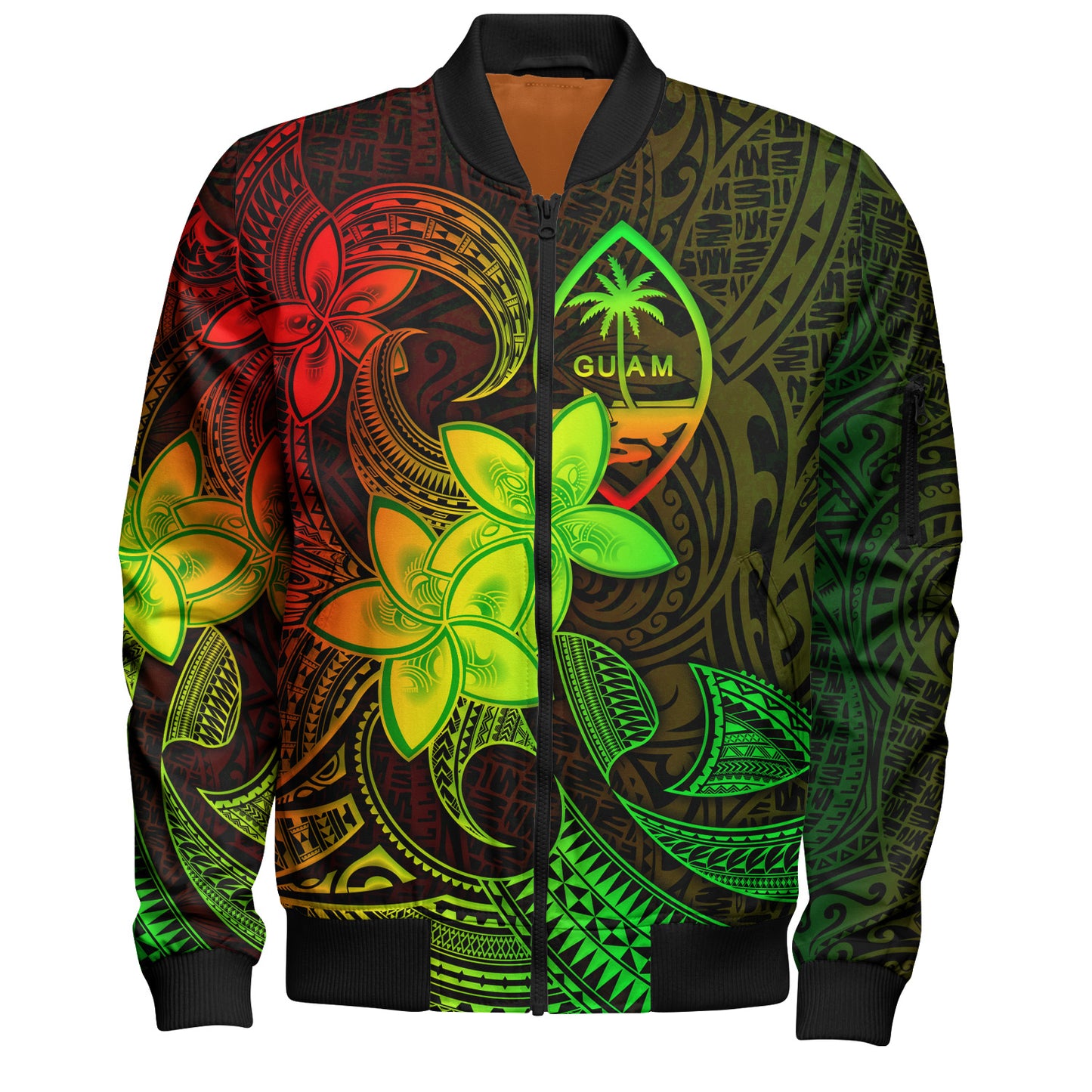 Guam Bomber Jacket Plumeria Flowers Vintage Style Reggae Colors