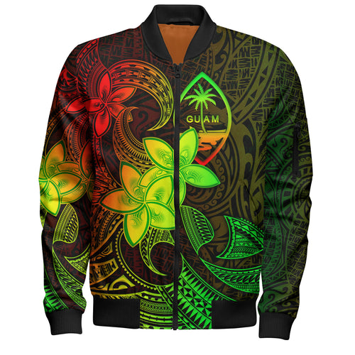 Guam Bomber Jacket Plumeria Flowers Vintage Style Reggae Colors