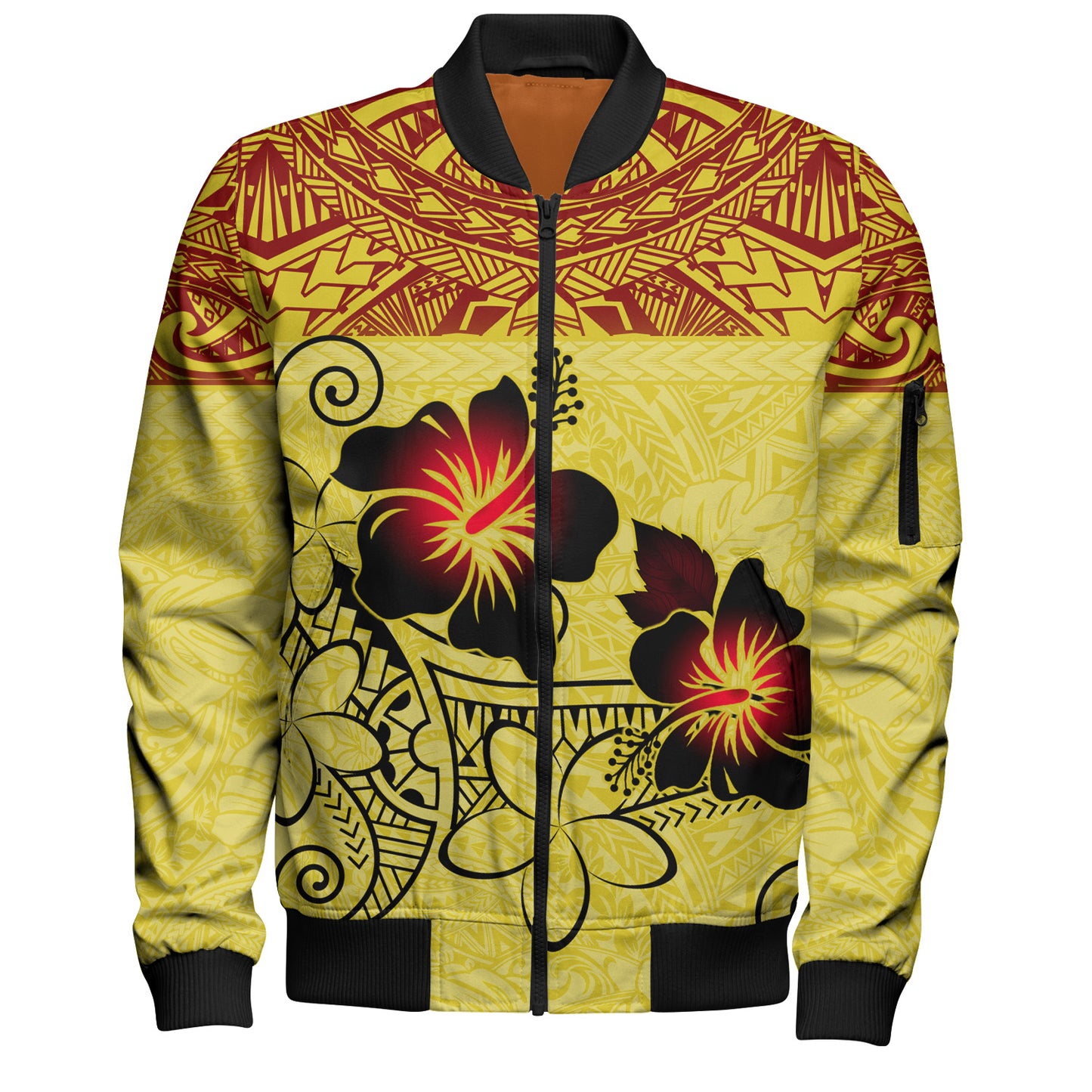 Hawaii Bomber Jacket Polynesian Tribal Patterns Hibiscus Flowers Yellow Color