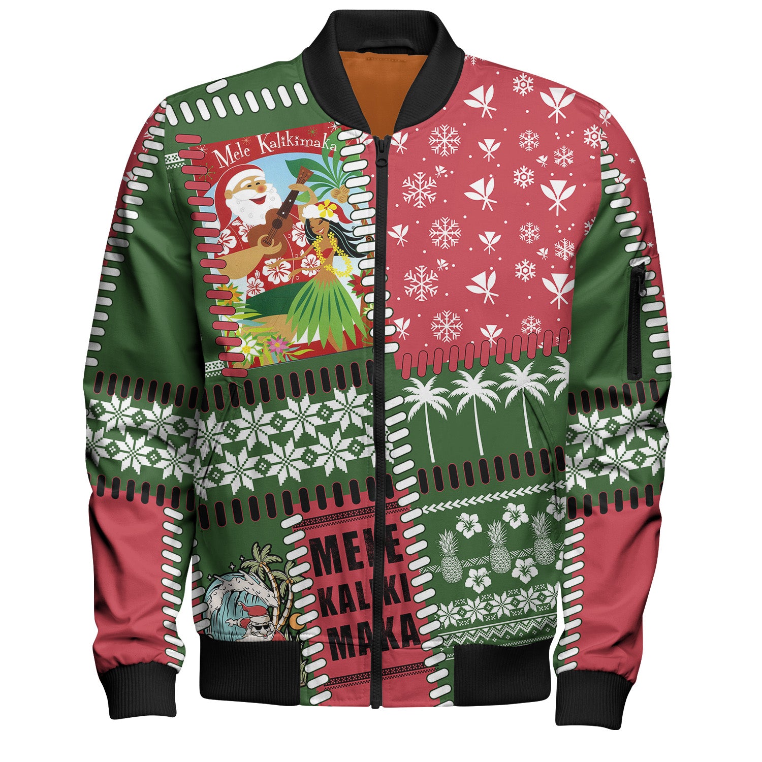 Hawaii Bomber Jacket Santa Surfing Mele Kalikimaka Kanaka Maoli