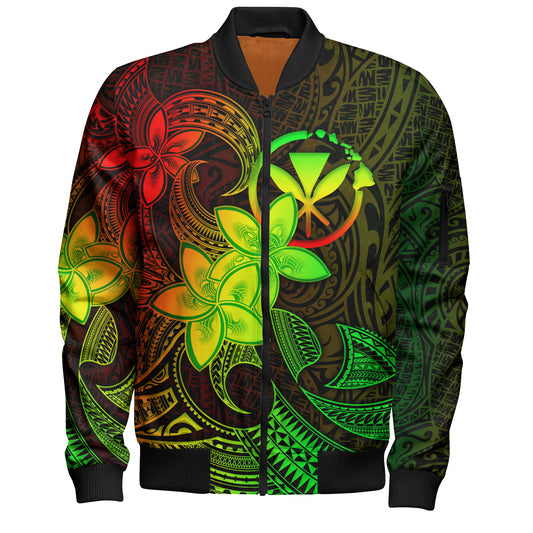 Hawaii Kanaka Maoli Bomber Jacket Plumeria Flowers Vintage Style Reggae Colors