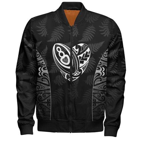 New Zealand Personalized Bomber Jacket Rugby Heart Maori Style Silver Fern