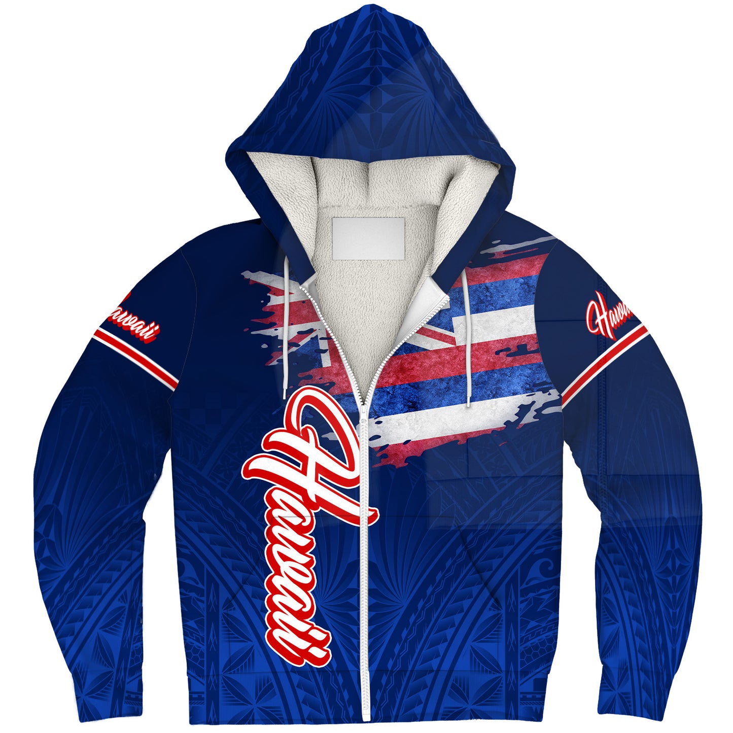 Hawaii Sherpa Hoodie Hawaii Flag Blue Color Polynesian Patterns Grunge Style