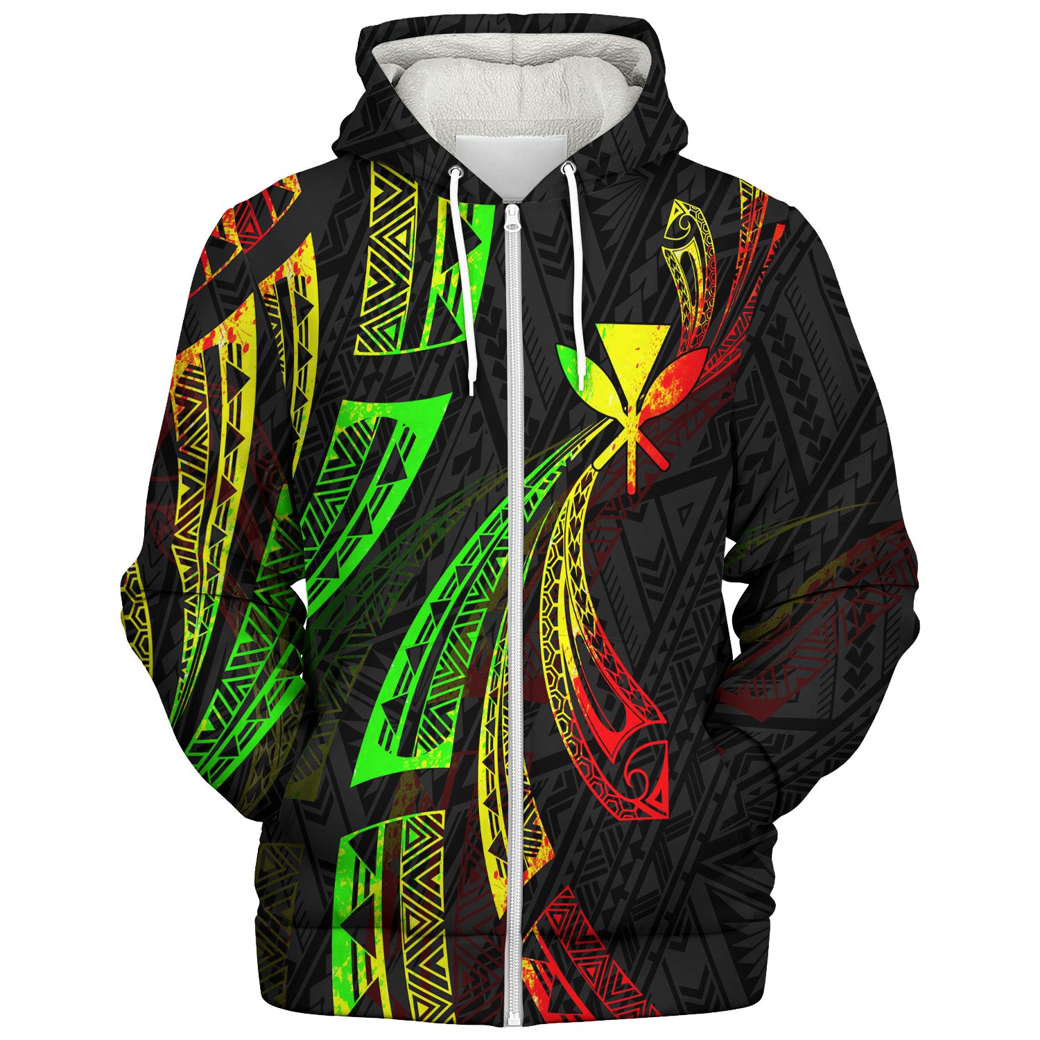 Hawaii Sherpa Hoodie Kanaka Maoli Polynesian Pattern Reggae Color