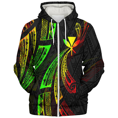 Hawaii Sherpa Hoodie Kanaka Maoli Polynesian Pattern Reggae Color