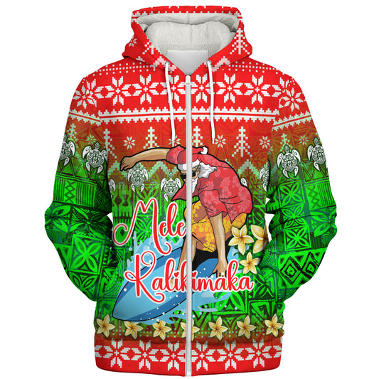 Hawaii Sherpa Hoodie Santa Surfing Mele Kalikimaka Style