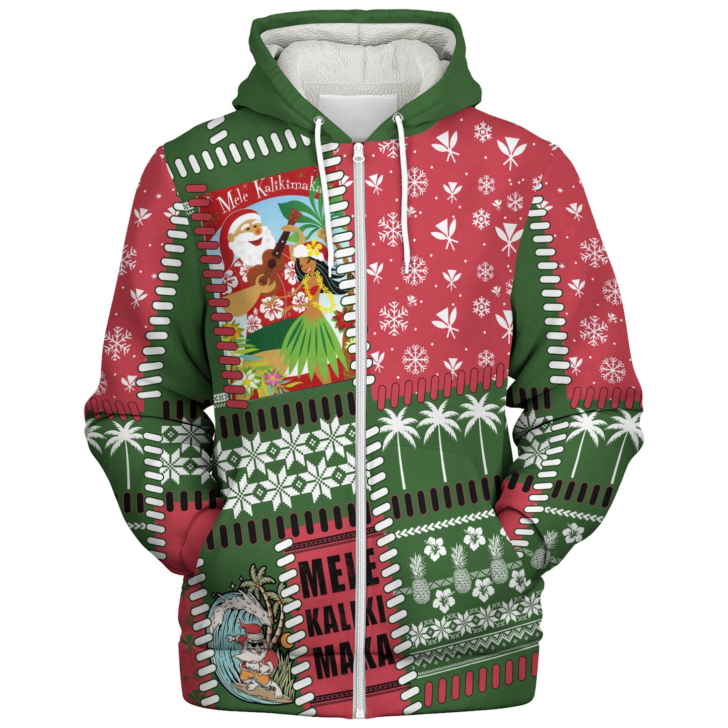 Hawaii Sherpa Hoodie Santa Surfing Mele Kalikimaka Kanaka Maoli