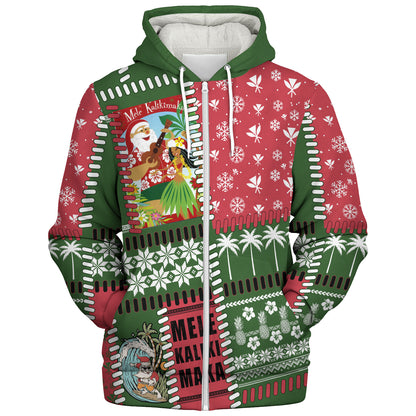 Hawaii Sherpa Hoodie Santa Surfing Mele Kalikimaka Kanaka Maoli