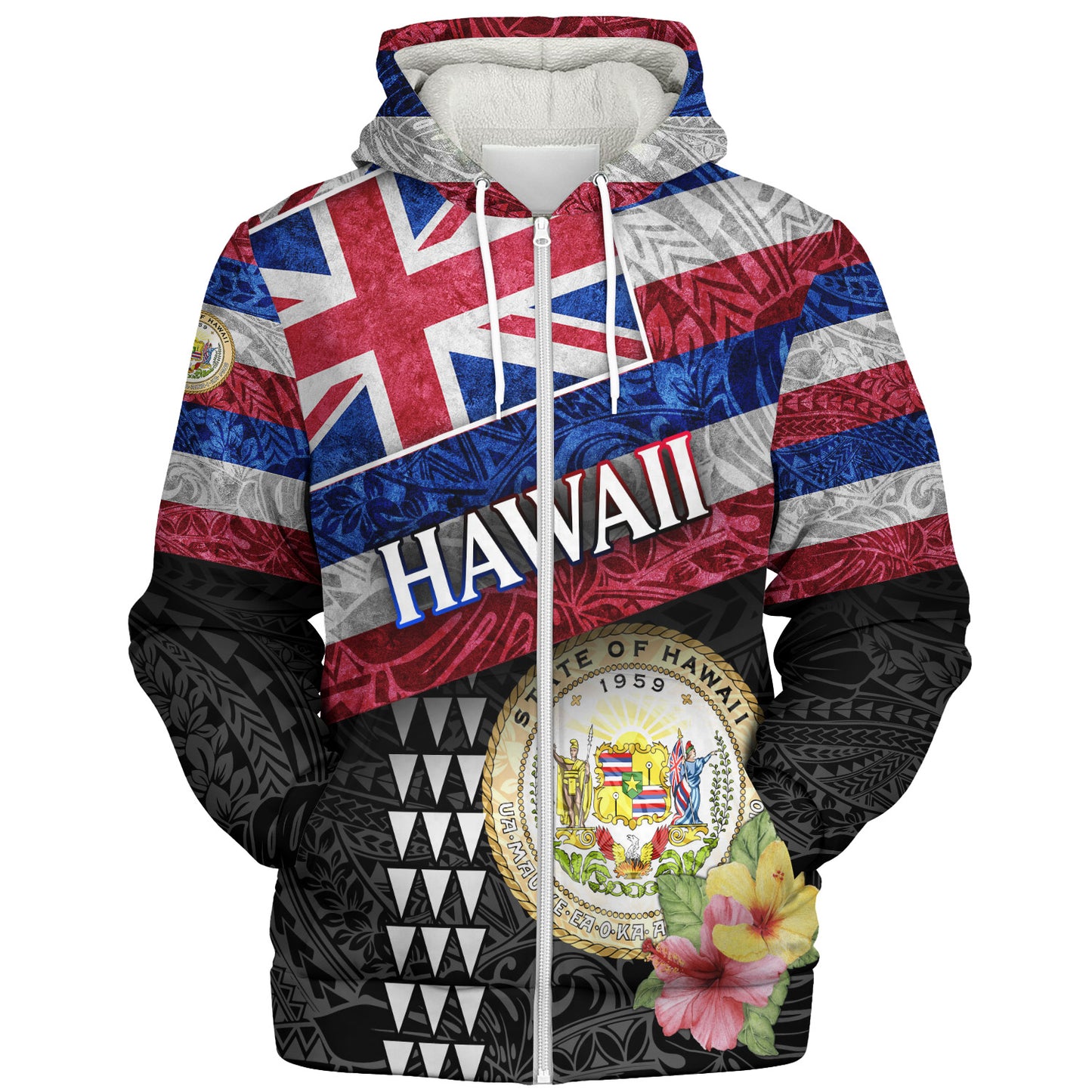 Hawaii Sherpa Hoodie Hawaiian Flag Polynesian Tribal Hibiscus Style
