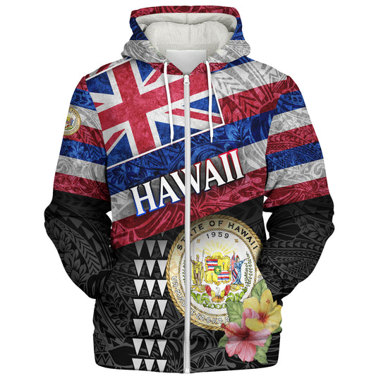 Hawaii Sherpa Hoodie Hawaiian Flag Polynesian Tribal Hibiscus Style