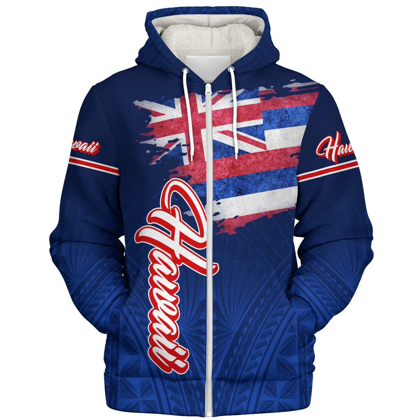 Hawaii Sherpa Hoodie Hawaii Flag Blue Color Polynesian Patterns Grunge Style