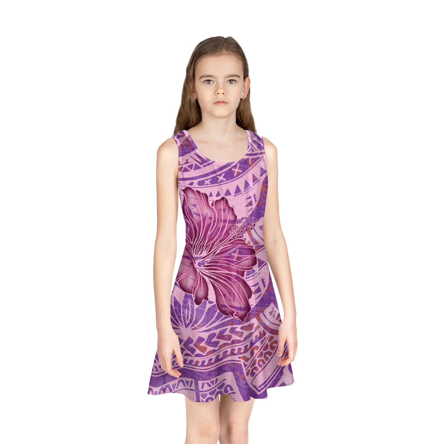 Hawaii Girls Sleeveless Sundress Purple Hibiscus With Polynesian Pattern