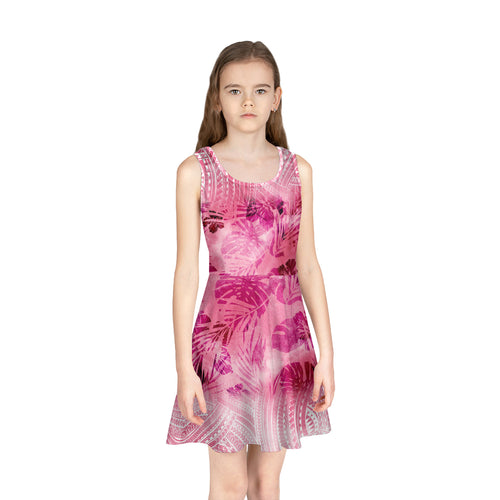 Hawaii Girls Sleeveless Sundress Pink Hibiscus White Polynesian Pattern