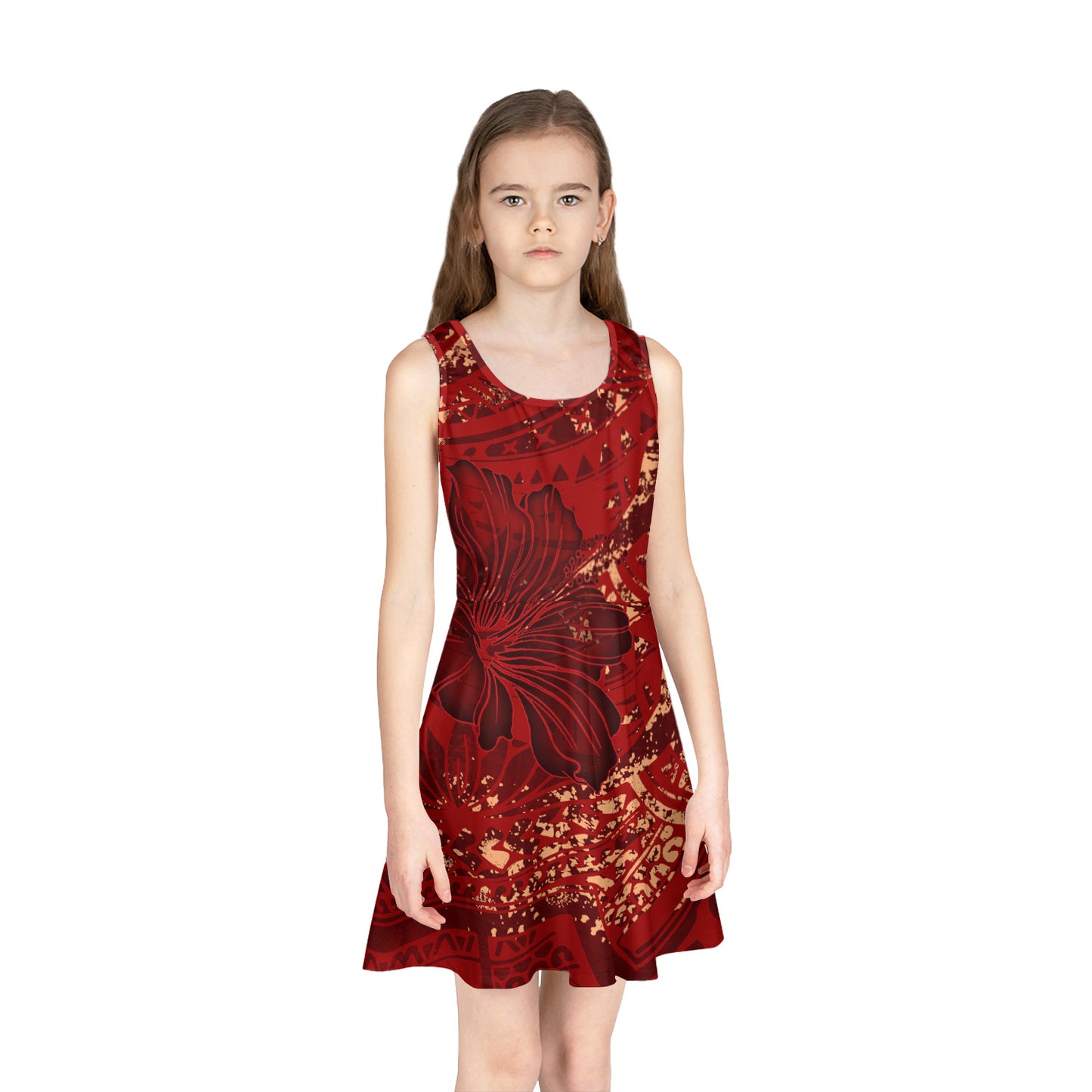 Hawaii Girls Sleeveless Sundress Red Hibiscus With Polynesian Pattern