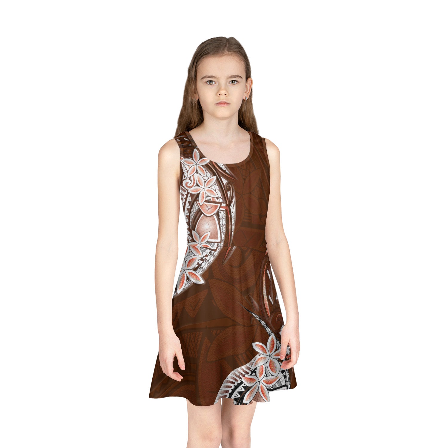 Guam Girls Sleeveless Sundress Latte Stone Plumeria Flowers