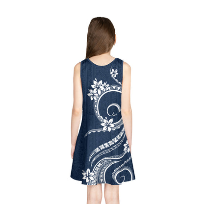 Hawaii Girls Sleeveless Sundress Polynesian Pattern Blue Version