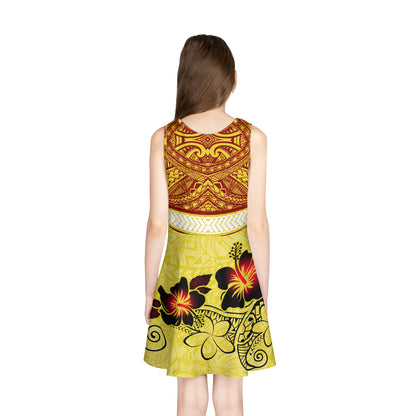 Hawaii Polynesian Tribal Patterns Hibiscus Flowers Yellow Color Girls Sleeveless Sundress