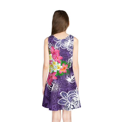 Polynesian Girls Sleeveless Sundress Plumeria Flowers Polynesian Patterns Purple Color