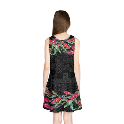 Hawaii Girls Sleeveless Sundress Ginger Flowers Black Version