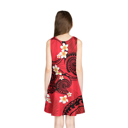Hawaii Girls Sleeveless Sundress Plumeria Flowers Tribal Motif Red Version