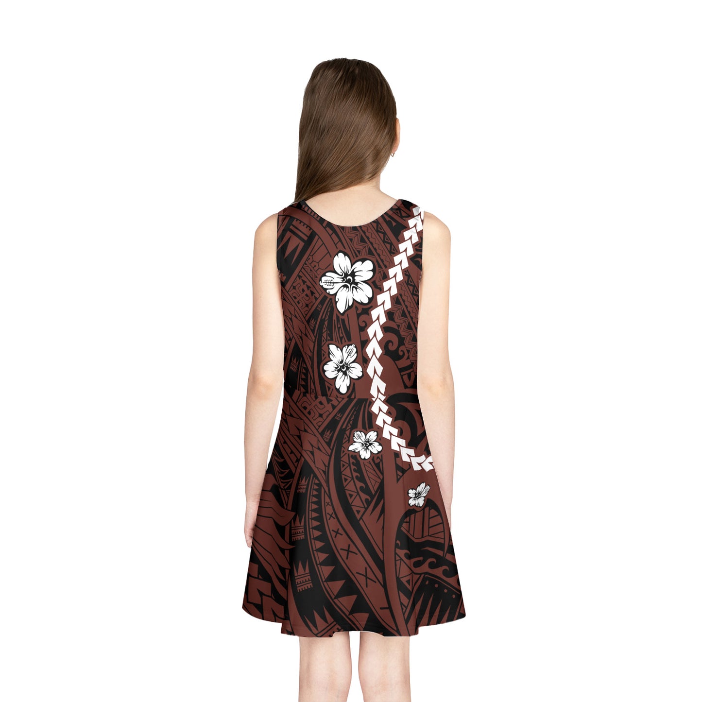 Hawaii Girls Sleeveless Sundress Polynesian Pattern White Hibiscus
