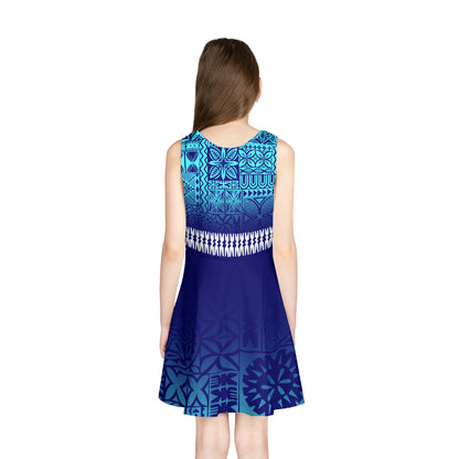 Fiji Tapa Patterns Blue Color Girls Sleeveless Sundress