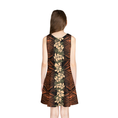 Hawaii Girls Sleeveless Sundress Polynesian Tribal With Hibiscus