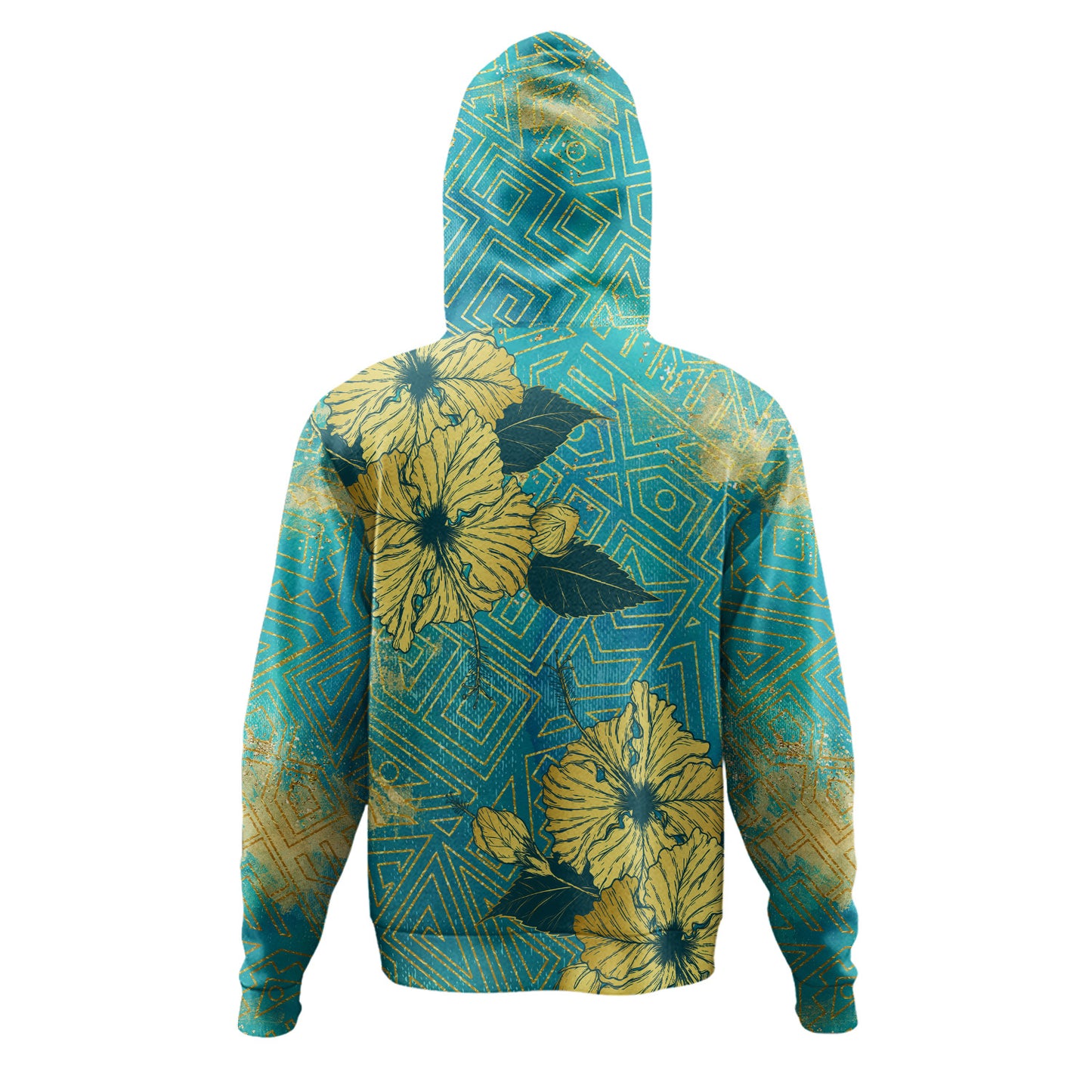 Hawaii Hoodie Golden Hibiscus Turquoise Color Tribal Pattern