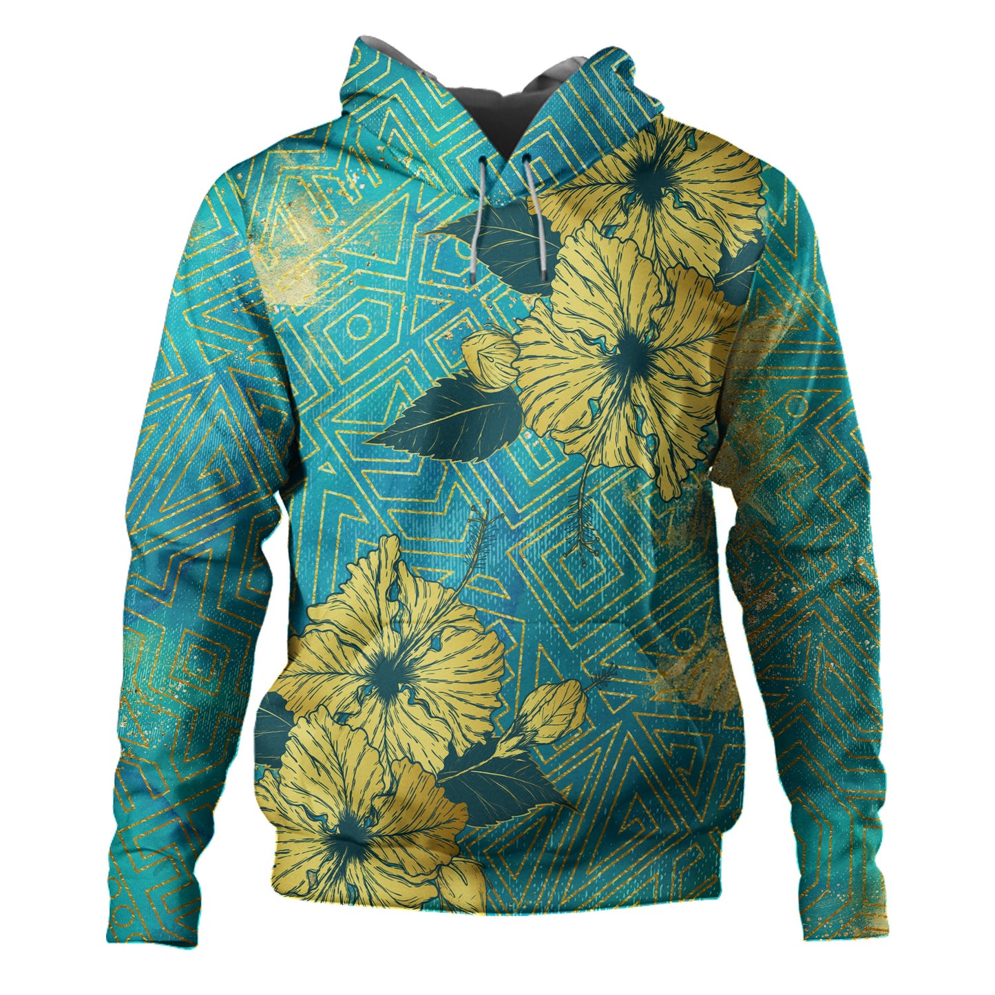 Hawaii Hoodie Golden Hibiscus Turquoise Color Tribal Pattern