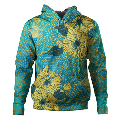 Hawaii Hoodie Golden Hibiscus Turquoise Color Tribal Pattern