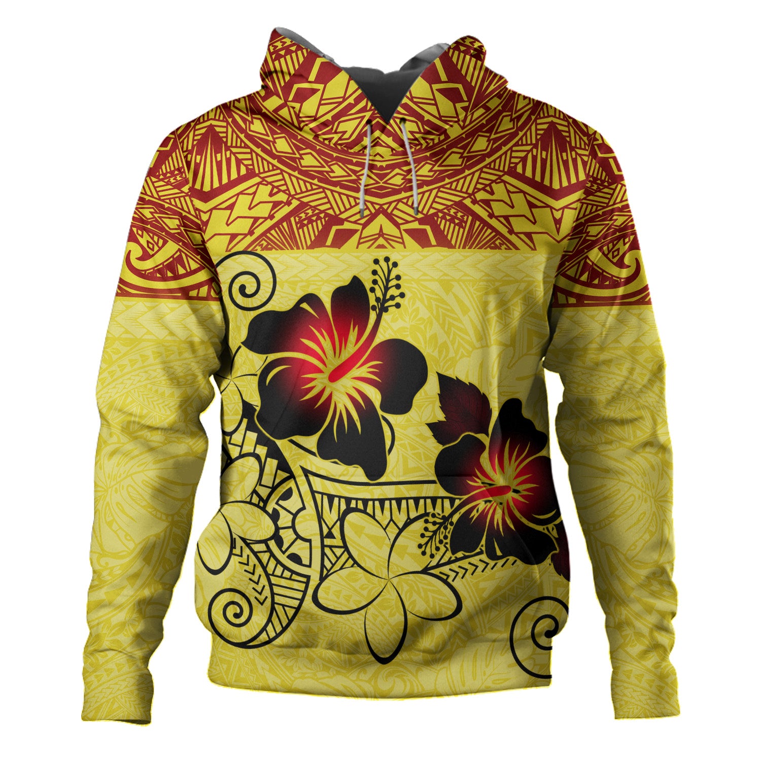 Hawaii Hoodie Polynesian Tribal Patterns Hibiscus Flowers Yellow Color