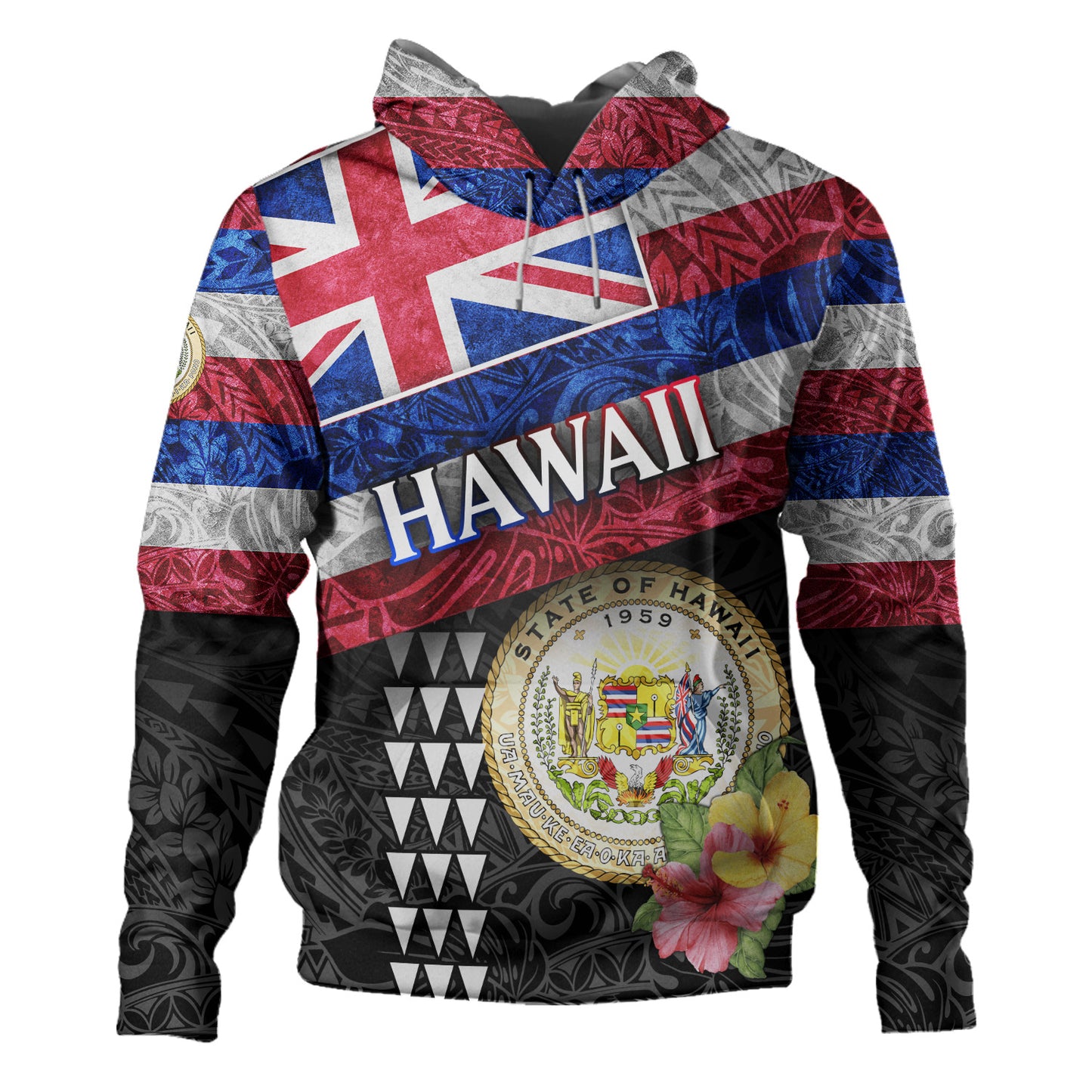 Hawaii Hoodie Hawaiian Flag Polynesian Tribal Hibiscus Style