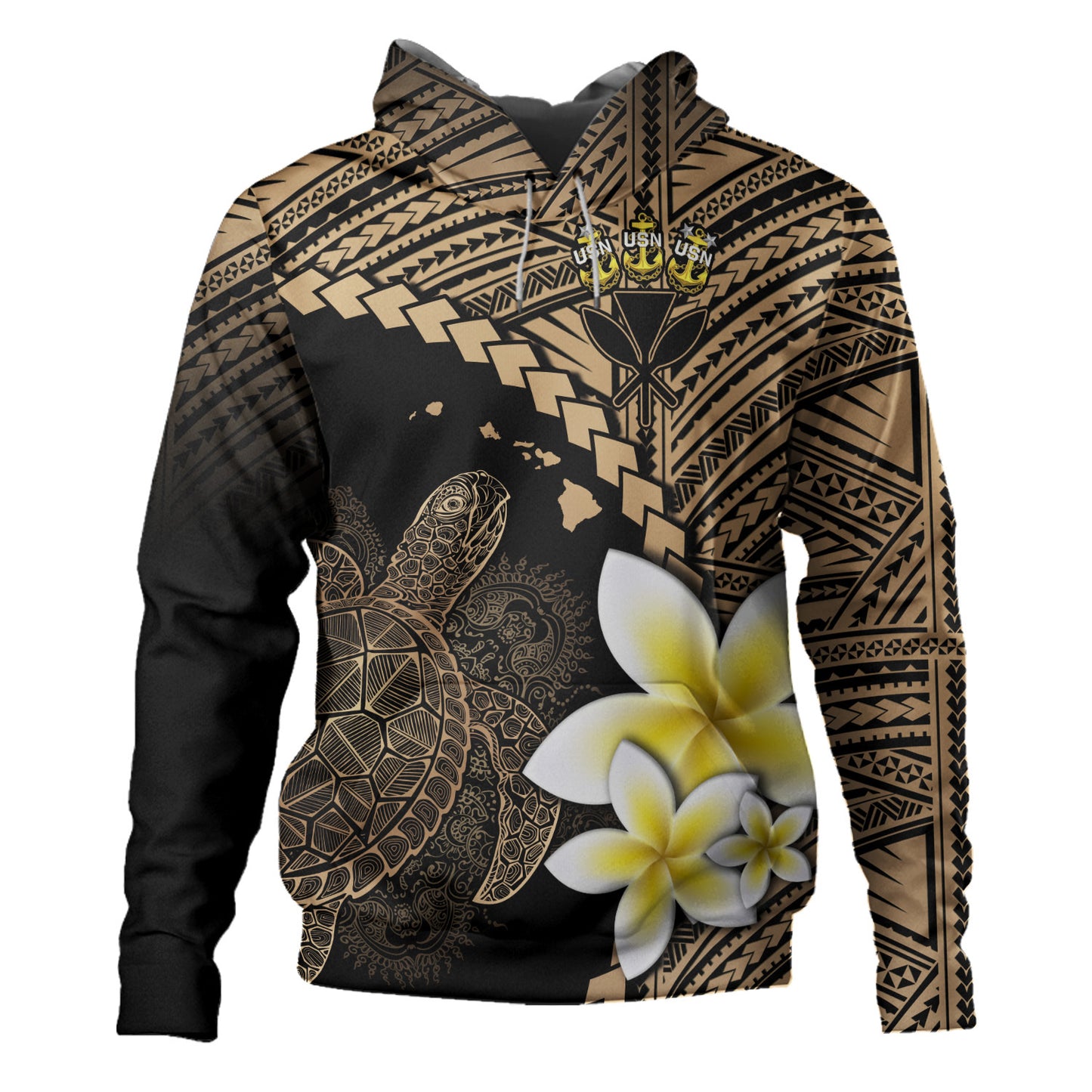 Ke Koa O Ke Kai Custom Personalised Hoodie Plumeria Sea Turtle Tattoo Tribal Design
