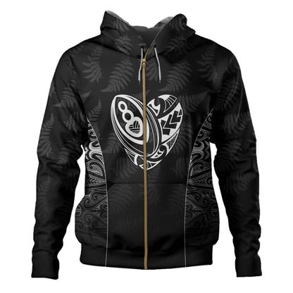 New Zealand Personalized Hoodie Rugby Heart Maori Style Silver Fern